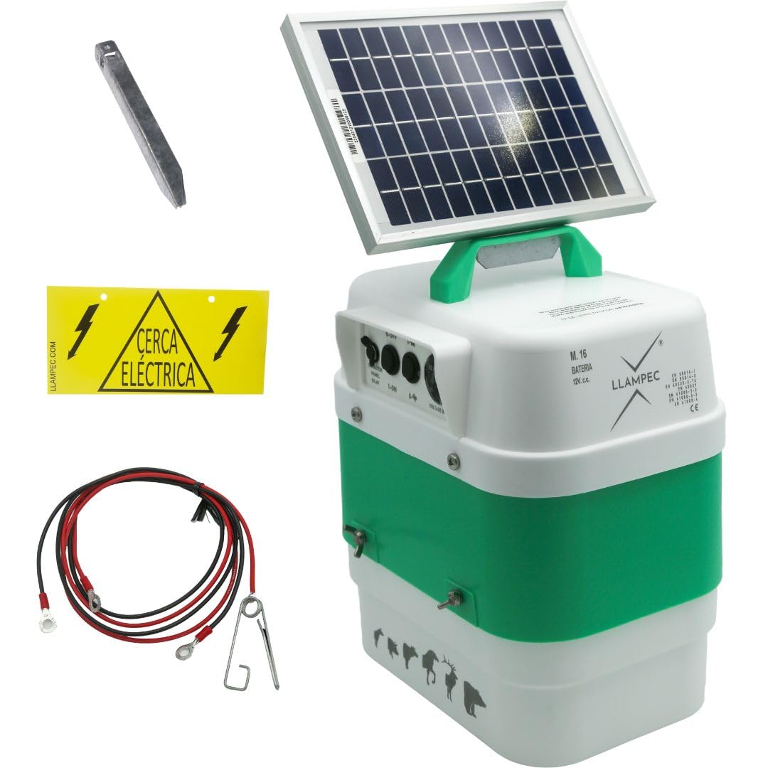 Llampec Pastor Eléctrico Solar 16S con Panel Solar 12v 5v Incluido – 4J 10.000V - 40 km de Alcance – Cerca eléctrica para Ganado, Caballos, Ovejas y Cerdos - Batería no incluida - Fabricado en España