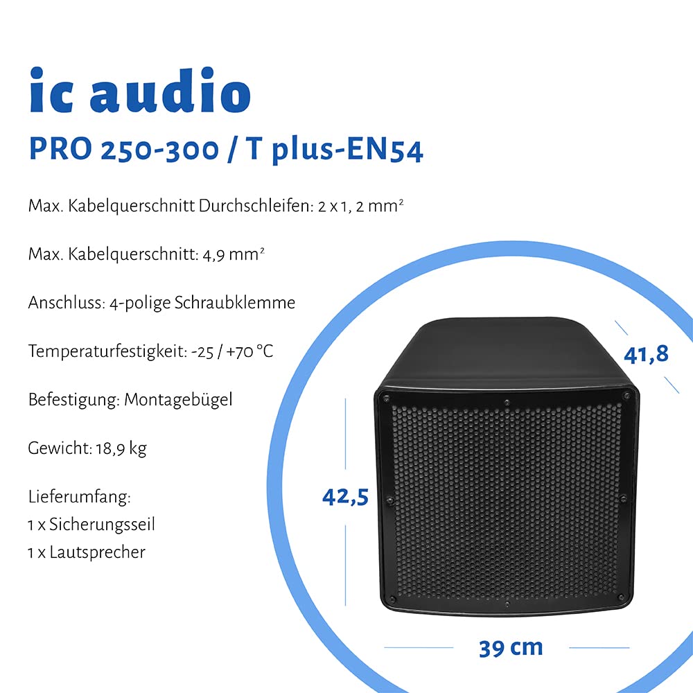 ic audio Altavoz Pro 250-300 - Altavoz Resistente a la Intemperie para Voz y música, fácil Montaje en Pared, Altavoz de 250 W, Ideal para Uso en Interiores y Exteriores, Color Negro