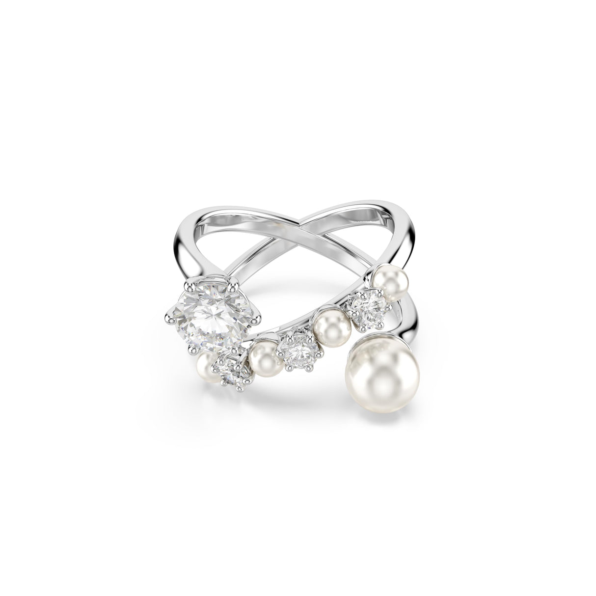 Swarovski Anillo de cóctel Matrix, Perla de cristal, Talla redonda, Blanco, Baño de rodio