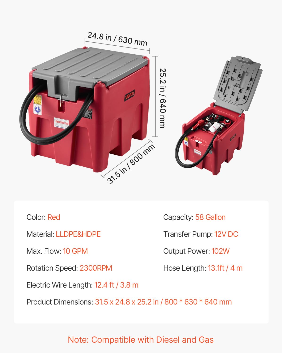 VEVOR Tanque Portátil para Diésel y Gasolina de 220 L con Bomba de Transferencia Eléctrica, Manguera de 3,8 m y Boquilla de Repostaje Automática, Tanque para Transporte de Combustible, Rojo