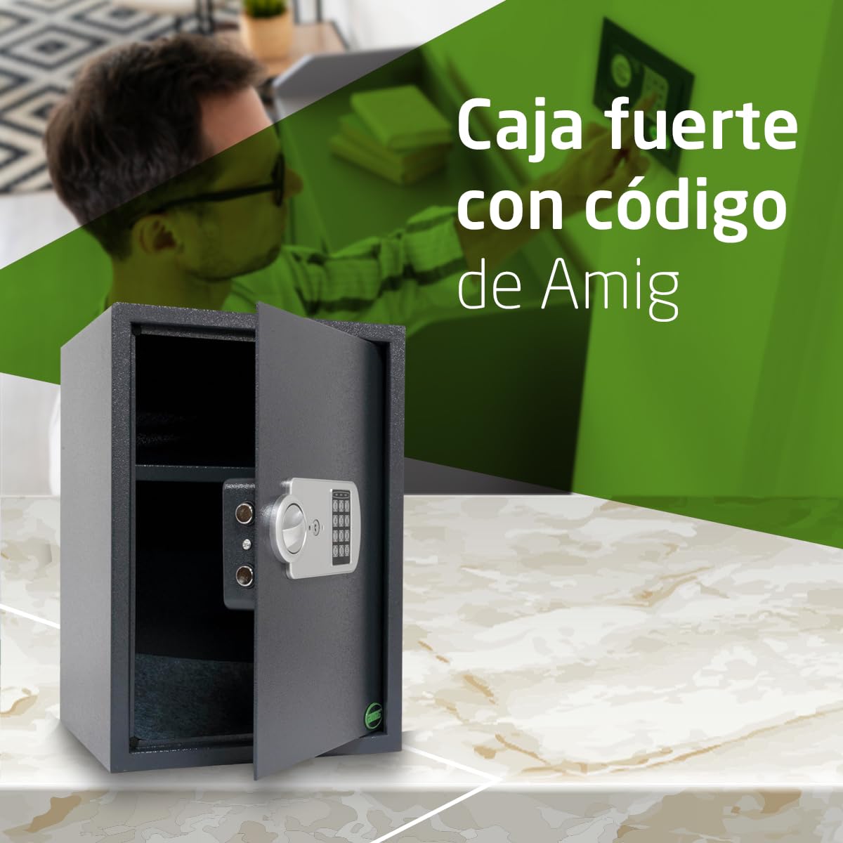 Amig - Caja Fuerte con Código - Caja de Seguridad de Sobreponer - Acero - Camuflada - Ideal para Casa - Protección de Dinero y Joyas de valor - 50 x 31 x 35 cm
