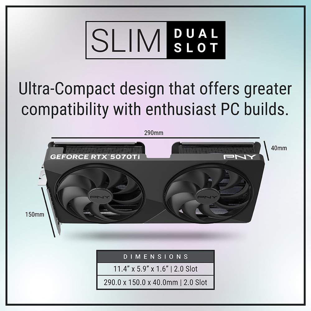 PNY Tarjeta Gráfica GeForce RTX™ 5070Ti Slim 16GB OC Doble Ventilador, 2-Slot