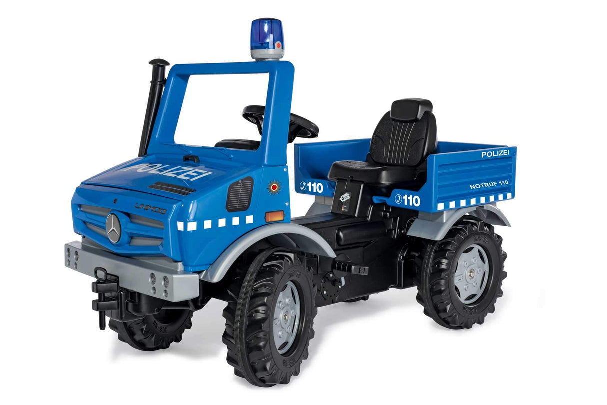 Rolly Toys Unimog 038251 038251 - Coche de policía para Conducir uno Mismo con neumáticos silenciosos y luz Intermitente | Vehículo a Pedal, a Partir de 3, 038251, Grande, Azul