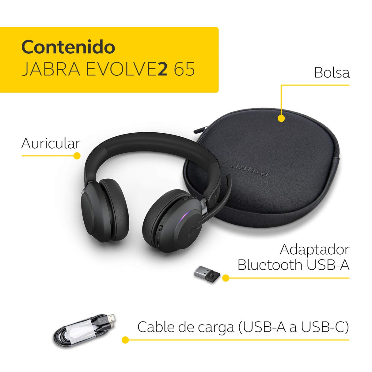 Jabra Evolve2 65 Auriculares Inalámbricos Estéreo PC con Cancelación de Ruido - Certificados para Microsoft Teams - Batería de Larga Duración - Adaptador Bluetooth USB-A - Negro