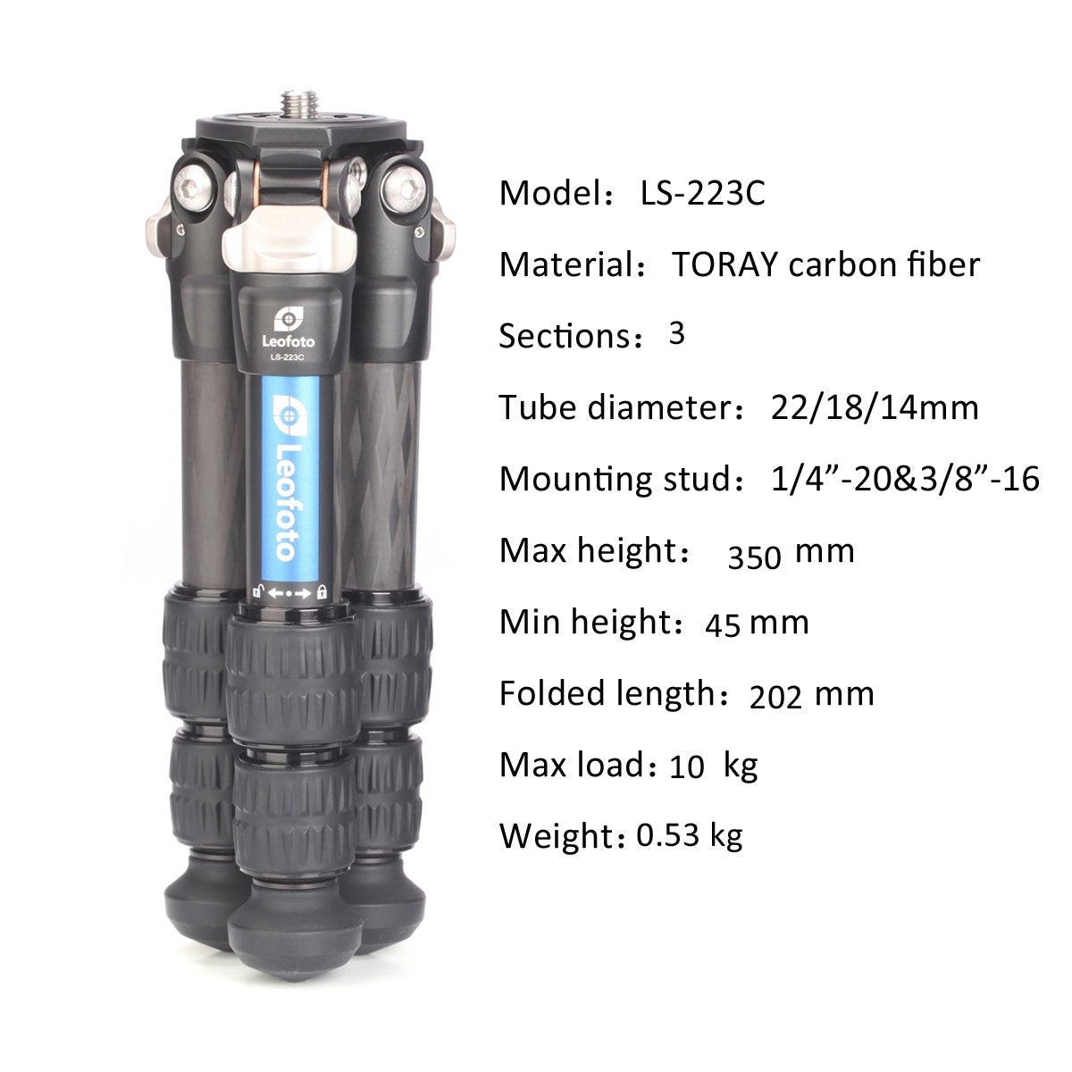 Leofoto - Ranger - Trípode de Carbono con rótula - Patas Ajustables en 3 ángulos - Ideal para fotografía Macro - LS-223C+LH-25 Negro