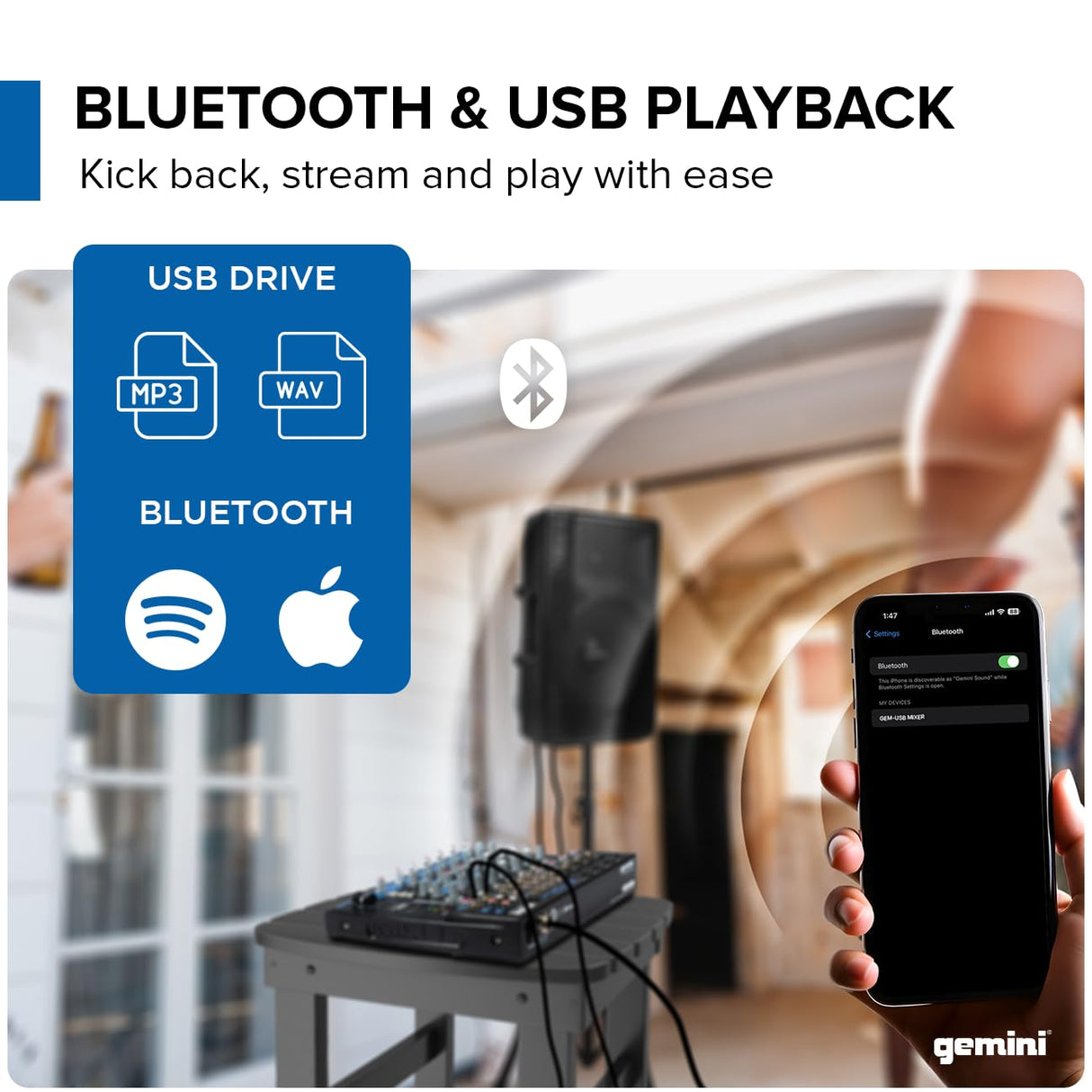 Gemini Sound GEM-12USB Mezclador analógico de 12 canales compactos que incluye 4 canales de micrófono, EQ de 3 bandas, reproducción USB de la memoria USB y Streaming Bluetooth