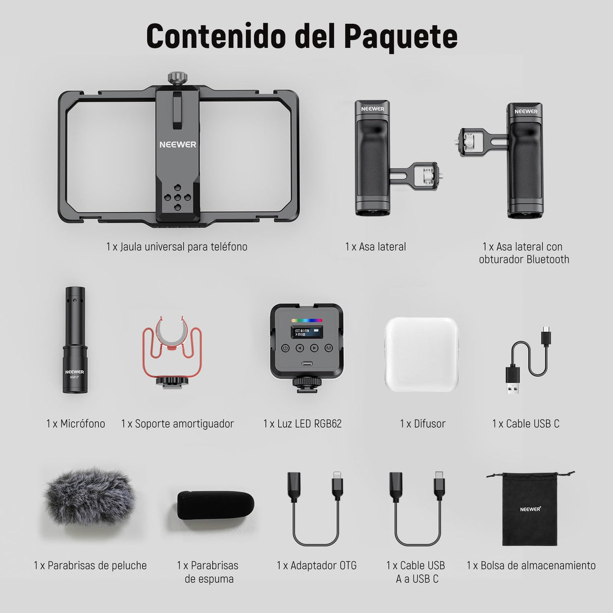 NEEWER Jaula Universal para teléfono móvil, estabilizador de vídeo, iluminación con Disparador Bluetooth, Mango Lateral, luz LED, micrófono USB C, Compatible con iPhone 16 Pro MAX 15 Pro MAX S24