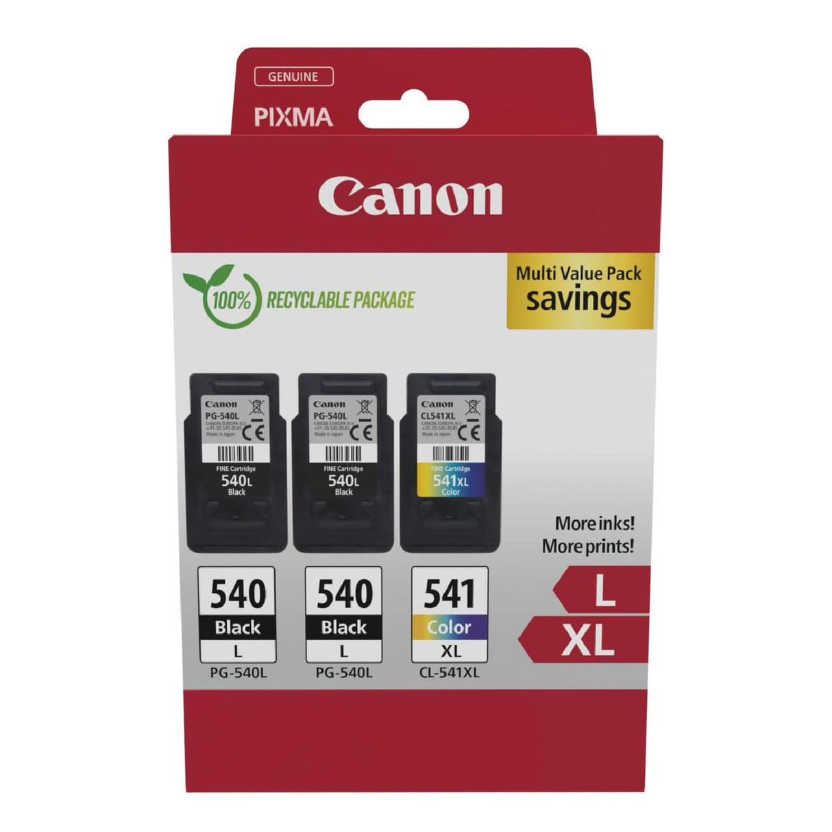 Multipack de tinta y papel Canon - Cartuchos de tinta originales PG-540L/CL-541XL - Paquete de 3 (2 x Negro L, 1 x Color XL) y papel fotográfico 4x6 (50 x hojas)