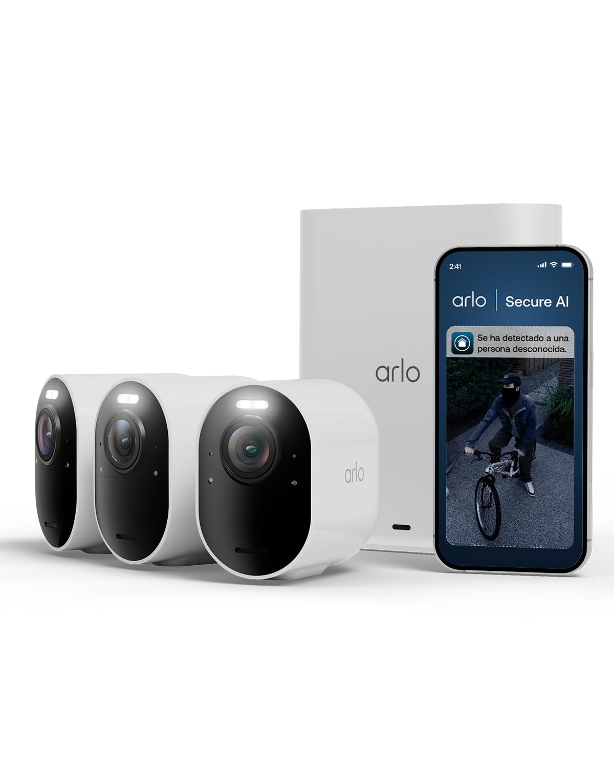 Arlo Ultra 3, Cámara de Vigilancia Exterior WiFi 4K UHD, Reconocimiento por IA, Vsión Nocturna a Color, Audio bidireccional, Funciona con Alexa, Prueba Arlo Secure incluida, 3 Cámaras + Smarthub