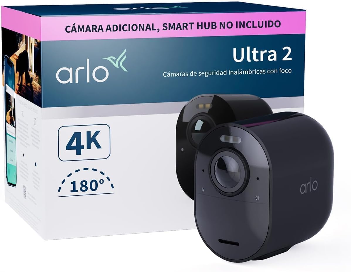 Arlo Ultra 2 Camara de Vigilancia WiFi Exterior 4K, Camara de Vigilancia WiFi Interior, Sensor de Movimiento, Alarmas Para Casa, Requiere Smart Hub Que Se Vende Por Separado, Cámara Adicional, Negra