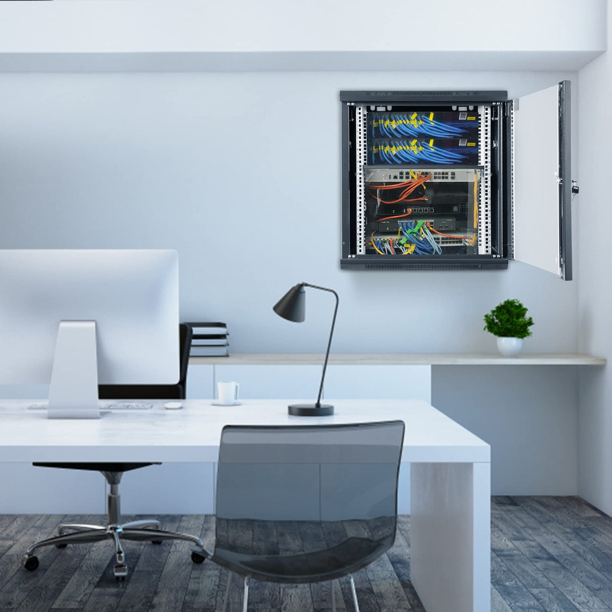VEVOR Gabinete para servidor de red montaje en pared de 12U, 15,5" gabinete en rack para servidores 200 lbs con paneles laterales de puerta de vidrio con cerradura para equipos de TI, dispositivos A/V
