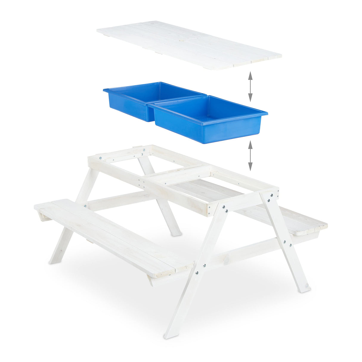 Relaxdays Grupo Mesa Pícnic Infantil con Sombrilla, Mesita Niños con 2 Bancos Madera, para Juegos con Arena y Agua, Blanca, Poliéster, 49 x 86 x 92,5 cm