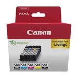 Canon Tinta - PGI-580 + CLI-581 - Pack de 5 Cartuchos Originales - (x 1 Negro, x 1 Cian, x 1 Magenta, x 1 Amarillo, x 1 Negro Pigmentado)
