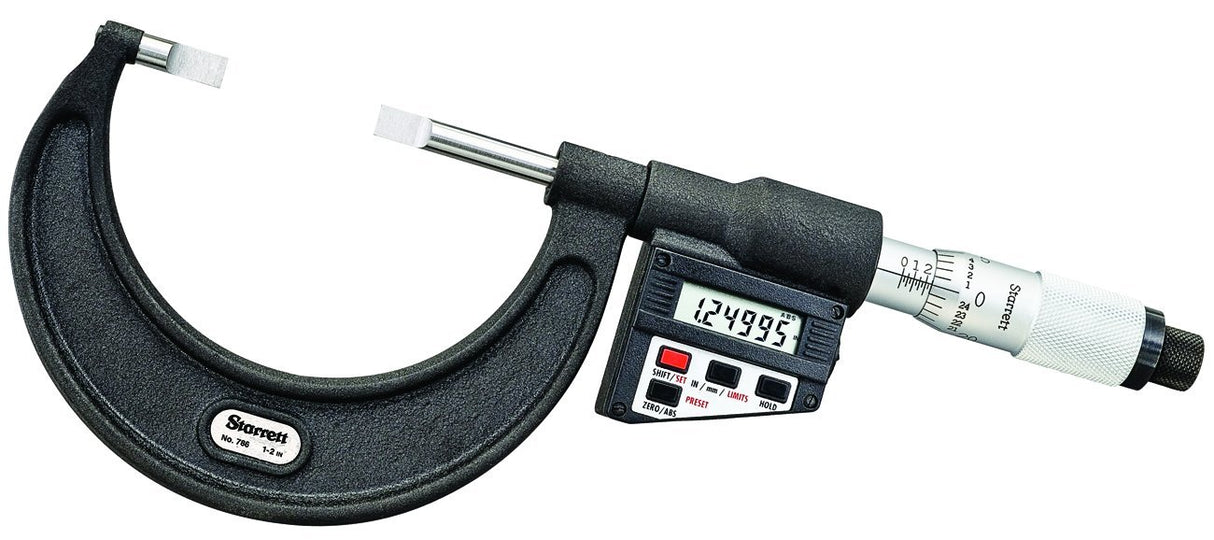 Starrett 786P.1-2 Micrómetro LCD tipo cuchilla, husillo no giratorio, dedal liso, rango de 1-2 pulgadas, graduación de 0,000 pulgadas