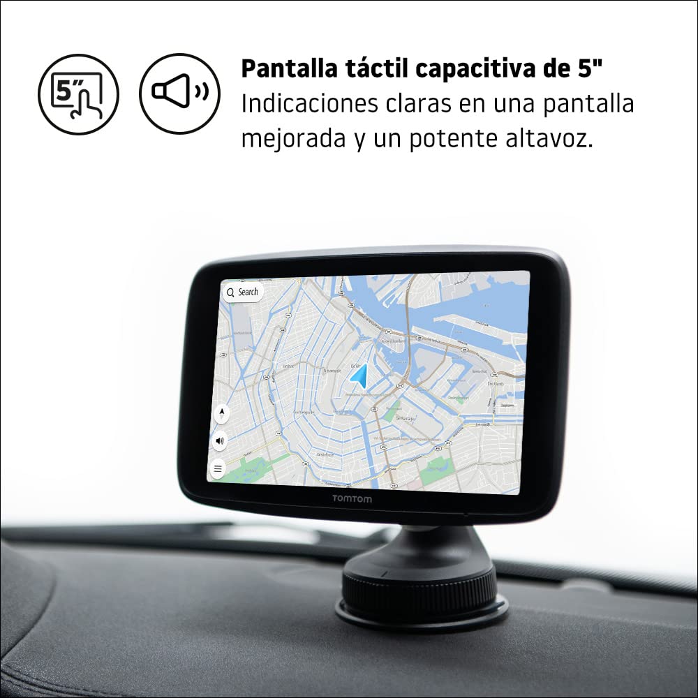TomTom GPS para Coche GO Discover, 5 Pulgadas, con tráfico y radares, mapas del Mundo, actualizaciones rápidas Via WiFi, disponibilidad de Parking, Precios de Combustible, Soporte Click-Drive