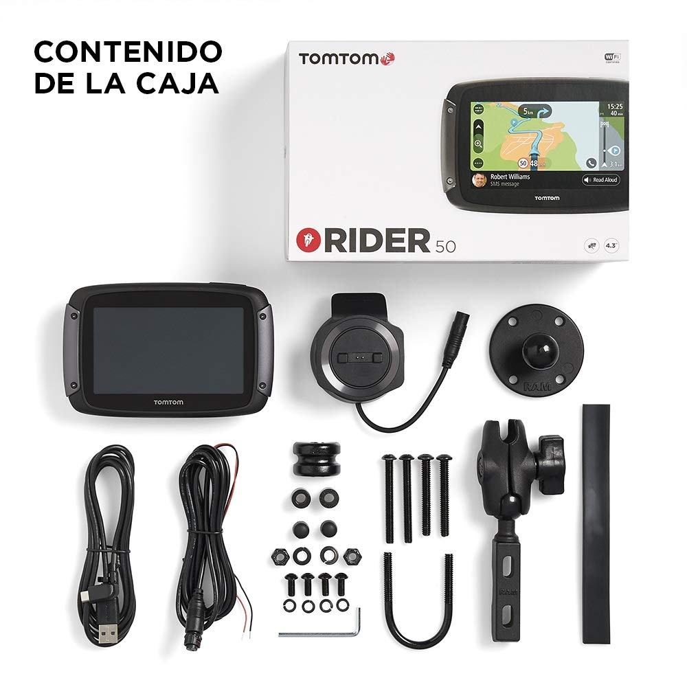 TomTom GPS para motocicletas Rider 50 (4,3 pulgadas con carreteras montañosas, actualizaciones mediante Wi-Fi, info tráfico en tiempo real, Radares de tráfico para 3 meses, 24 mapas)