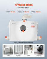 VEVOR 1200 W Bomba Trituradora para Inodoro con 4 Entradas de Agua, Caudal de 48 GPM, Altura de 10 m, Máquina de Descarga Ascendente para Eliminación de Aguas Residuales para Inodoro, Lavabo y Bañera
