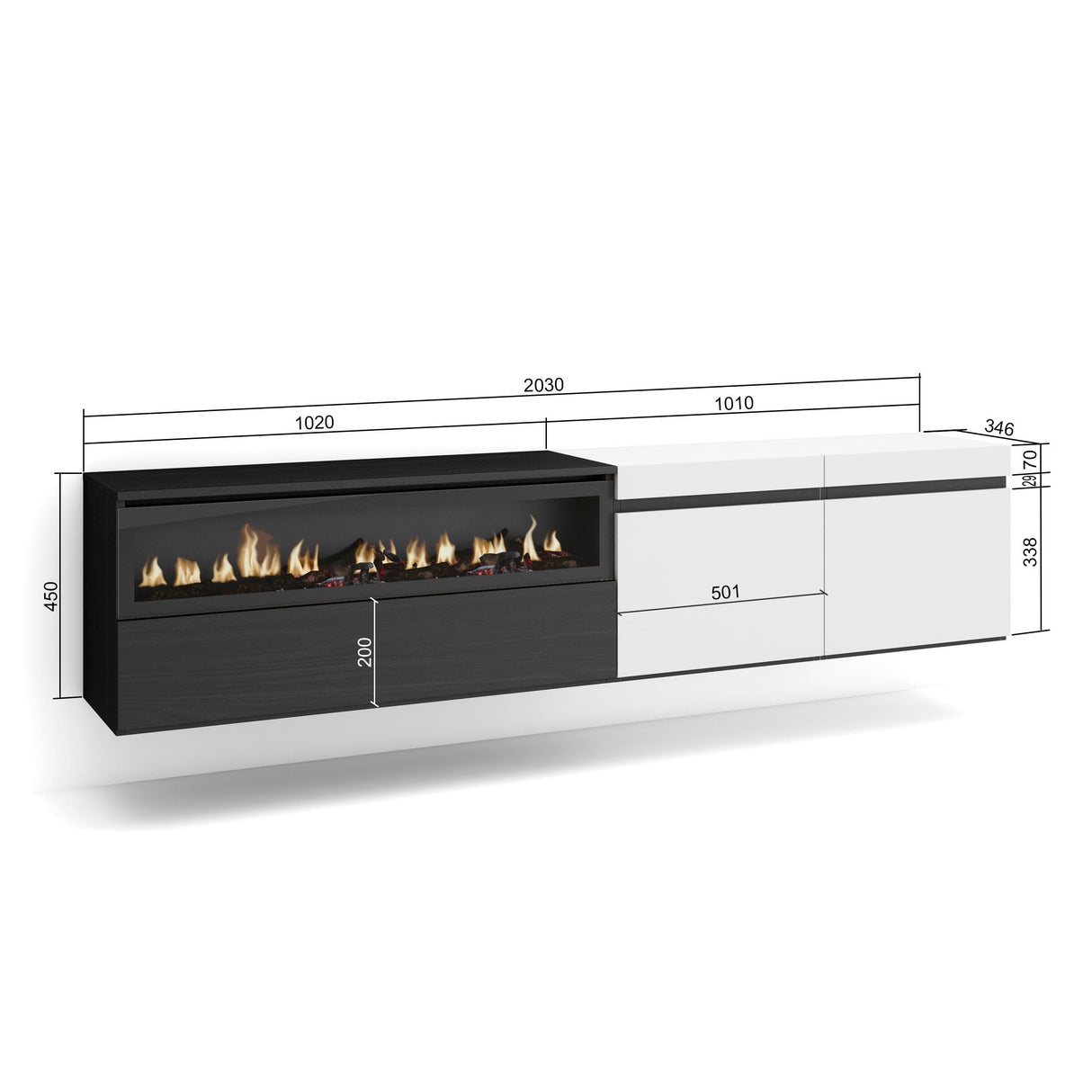 Skraut Home | Mueble TV | Televisión | Muebles de salón, almacenaje | 200x45x35cm | para TV hasta 80" | Chimenea eléctrica | Colgado, Suspendido | Estilo Moderno | Blanco y Negro