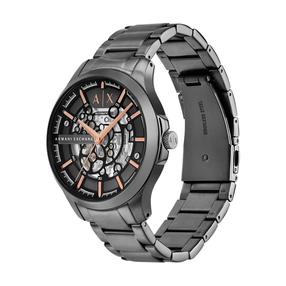 Armani Exchange Orologio da uomo, Movimento automatico a tre lancette e cassa da 46 mm con cinturino in Acciaio inossidabile, Carbón