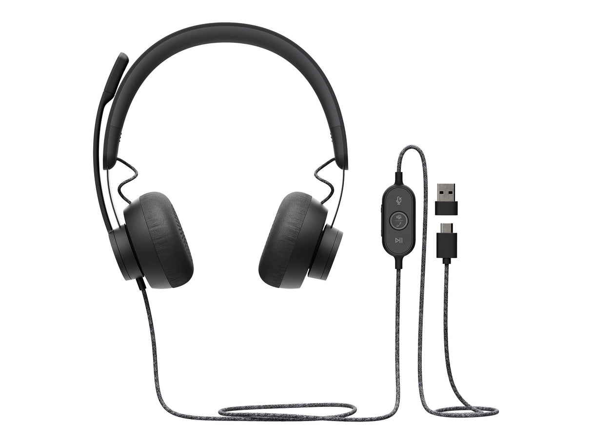 Logitech ZONE WIRED Headset Auricular profesional con micrófono cancelador de prestaciones superiores, conexión por cable con conector USB-A y USB-C, audio de alta fidelidad, Certificado UC- Grafito