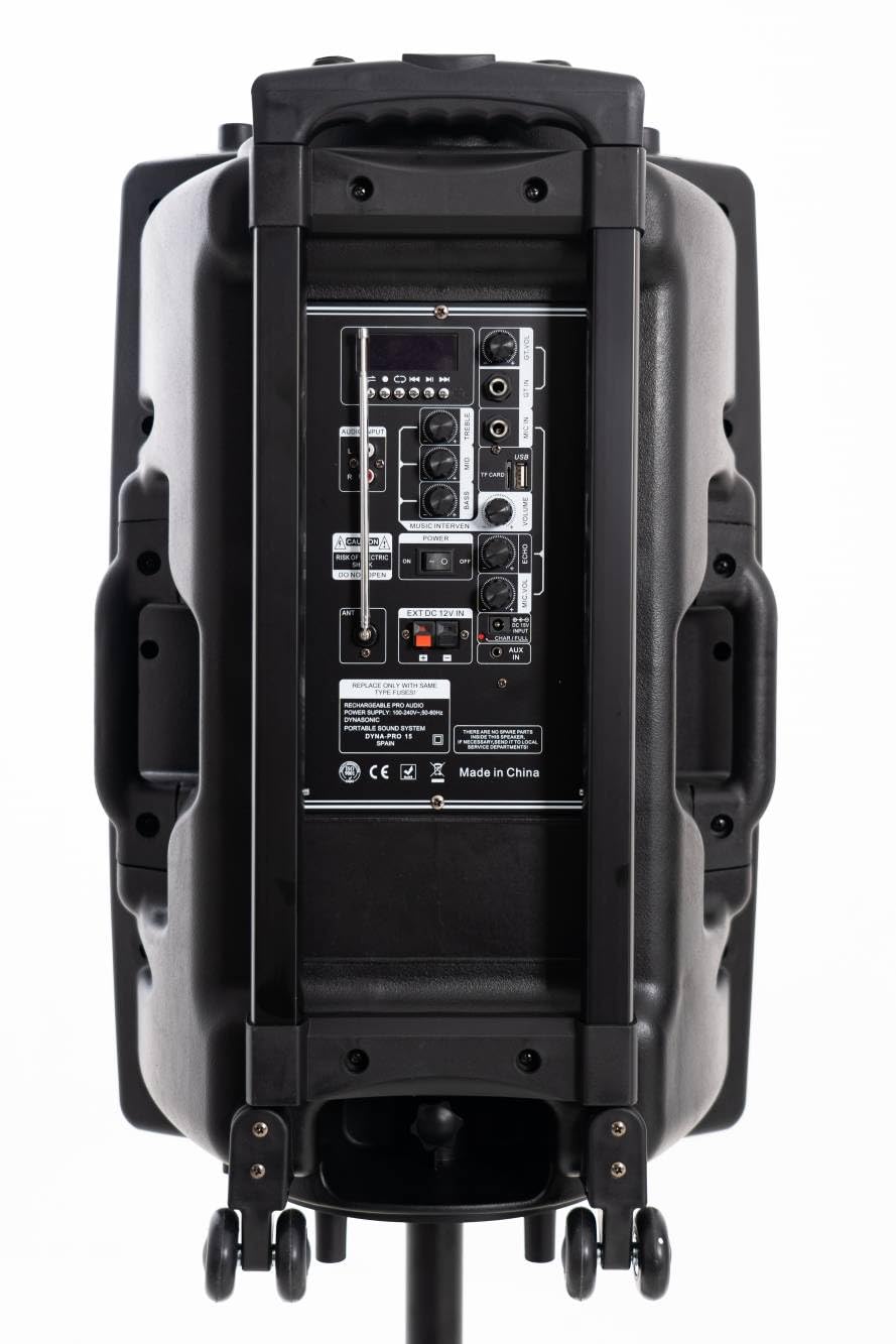 DYNASONIC - Dynapro 15’ (Segunda Generacion) Altavoz portátil Sistema Audio Profesional Potencia 800W - USB Bluetooth, Micrófonos, Negro - Soporte para Dispositivos movil y Tablet