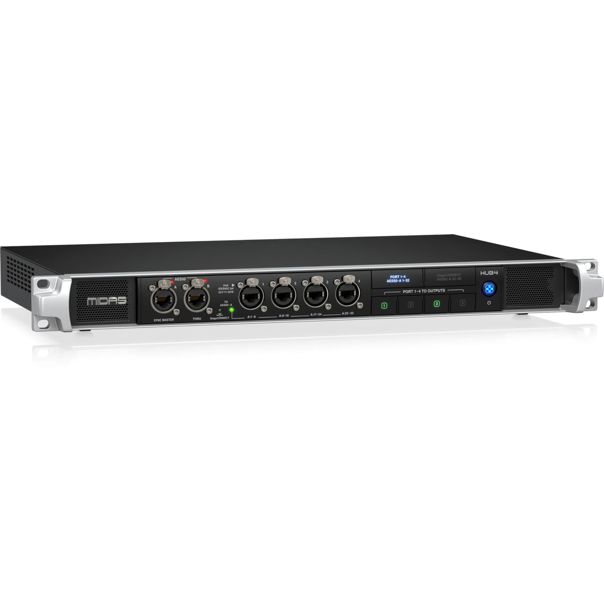 Concentrador de sistema de monitor Midas HUB4 con 4 puertos PoE para mezcladores personales o cajas de escenario compatibles, entrada y salida AES50 de 48/44,1 kHz
