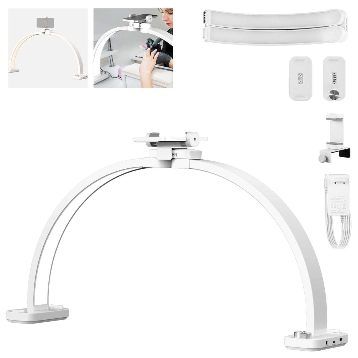 NEEWER BÁSICO HM01-D - Lámpara de arco (29 pulgadas, LED, 40 W, media luna, 3000 K-6500 K, 3400 Lux/0,5 m, CRI95, carga USB, soporte para teléfono para manicura, maquillaje, belleza, tatuaje