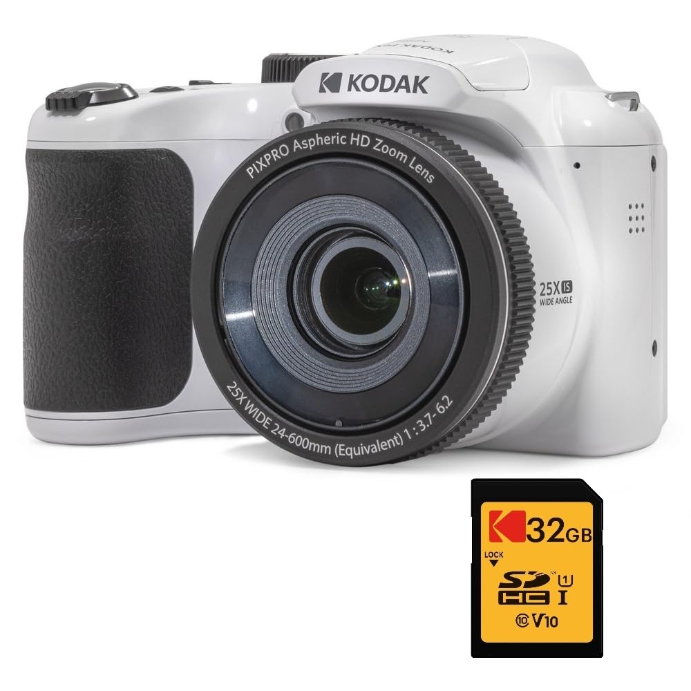 KODAK Pixpro Astro Zoom AZ255 + Tarjeta de Memoria SD de 32 GB – Cámara de Puente Digital de 16 MP, Zoom 25X, Video HD 1080p, Gran Angular de 24 mm, Pantalla LCD 3, Pila AA – Blanco