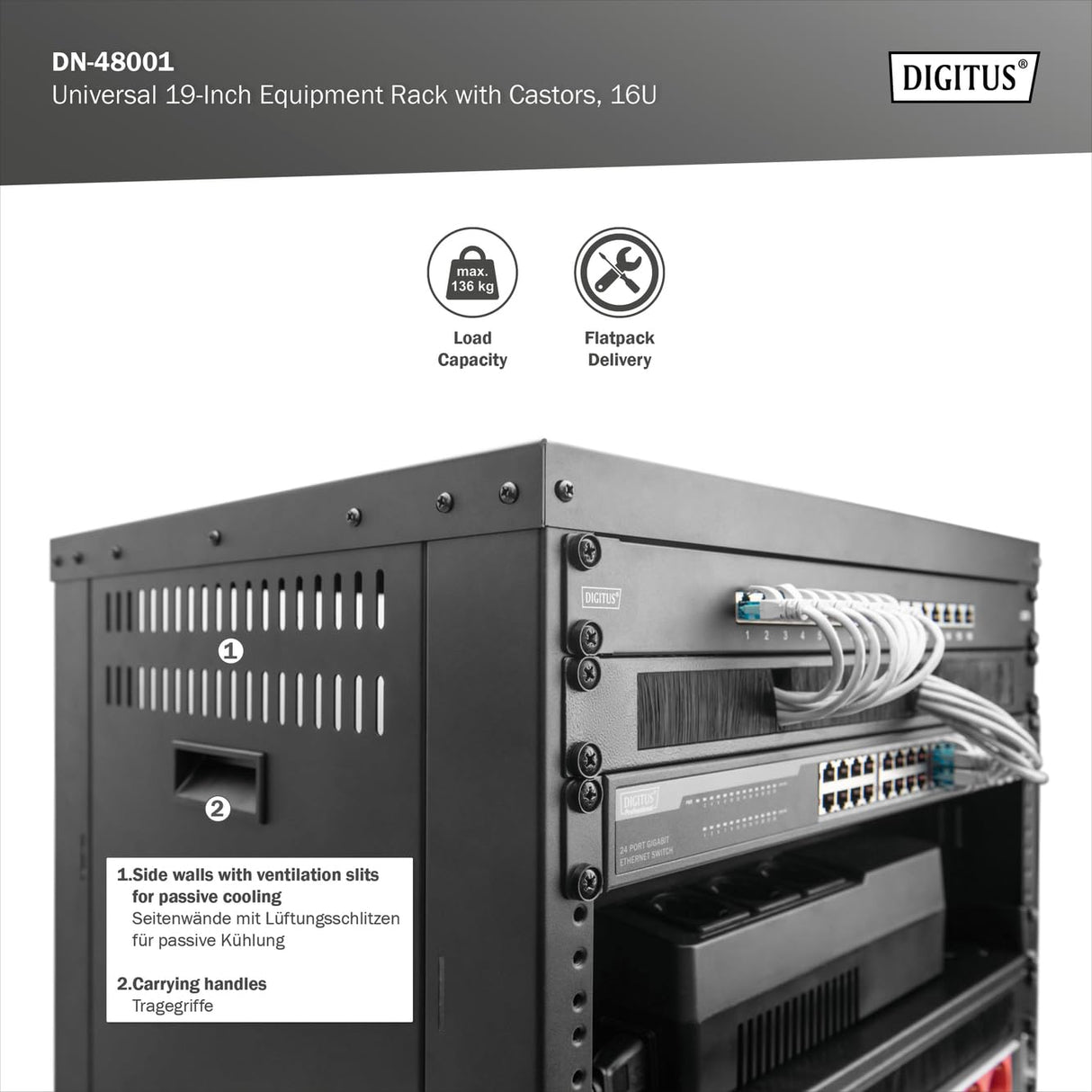 DIGITUS DN-48001 - Rack de Audio - 19 Pulgadas - 16U - Rack de Equipo Universal - para Accesorios de Audio y vídeo - Sin Montar - Carga máxima 136 kg - con Ruedas - Negro