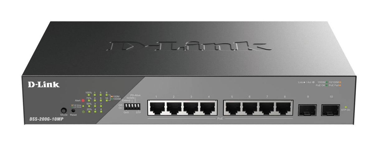 D-Link Switch Smart 10 Puertos Gigabit PoE (8 x 1000Base-T y 2 x SFP Gigabit), PoE+, Long Range PoE (hasta 250m), 130W PoE Budget, Interfaz Web dedicada a videovigilancia IP, VLAN, QoS, ERPS, ONVIF