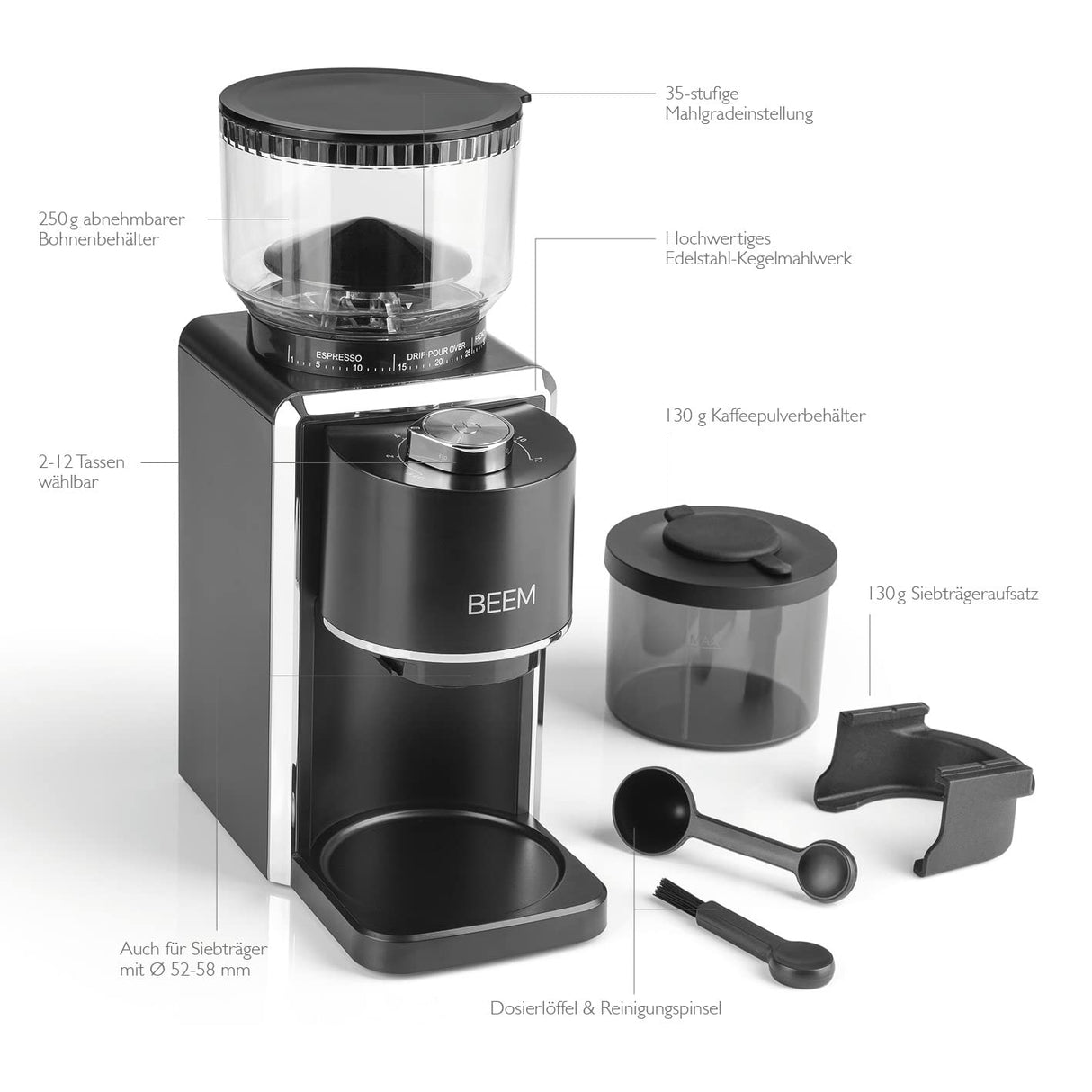 BEEM GRIND-PERFECT Molinillo de café eléctrico, 250 g, ajuste de grado de molienda de 35 niveles, mecanismo cónico, dosificación ajustable mediante rueda giratoria (2 – 12 tazas), molido directamente