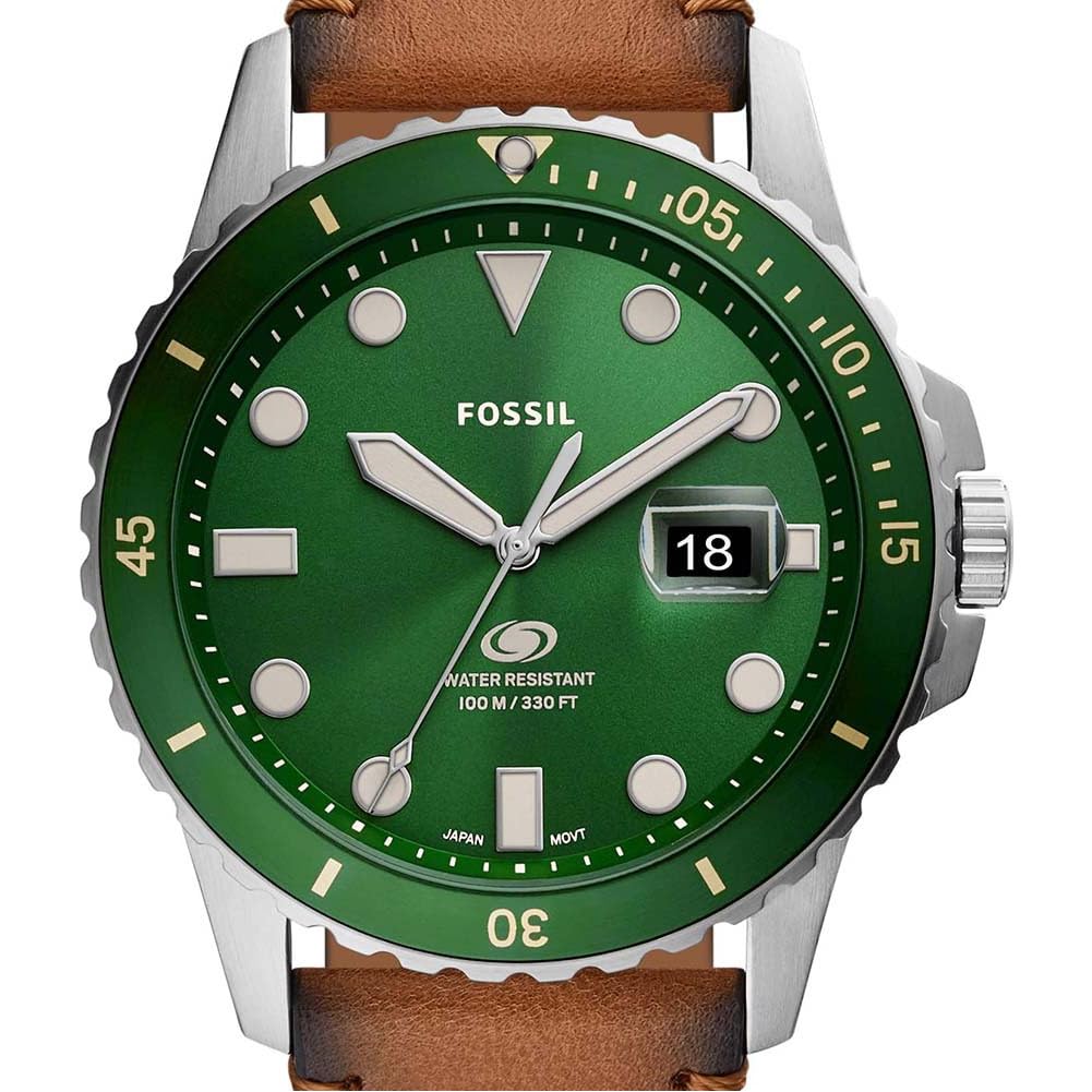 Fossil Reloj para hombre Azul, movimiento de cuarzo, caja de 42mm de acero inoxidable plateado con correa de piel Pro-Planet, FS5946, Verde