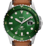 Fossil Reloj para hombre Azul, movimiento de cuarzo, caja de 42mm de acero inoxidable plateado con correa de piel Pro-Planet, FS5946, Verde