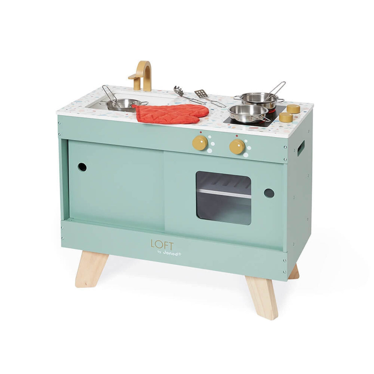 Janod - Cocina de Madera Loft - Juguete Imitación Cocina y Vajilla - Vintage y Actual - 7 Utensilios de Metal y Guante de Tela - Pintura al Agua - A Partir de 3 Años, J06556