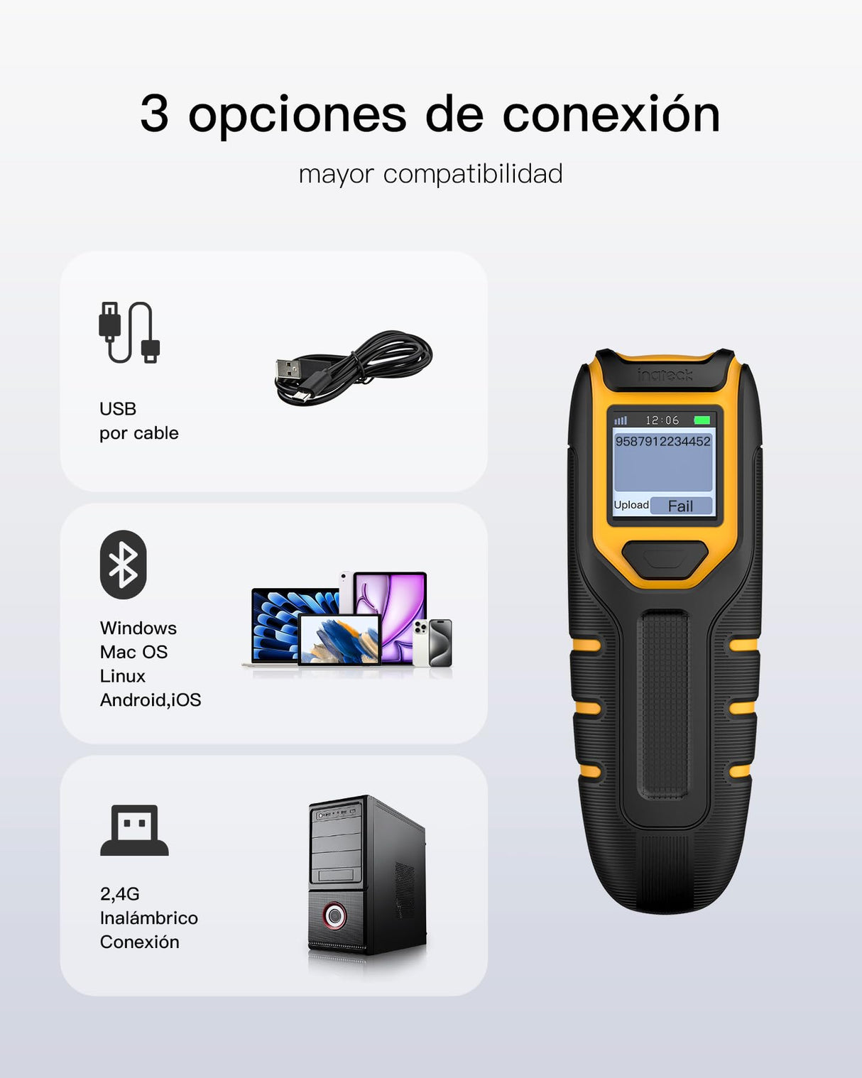 Inateck Escáner de Códigos de Barras Bluetooth, Escáner QR Code 1D 2D Kabellos 2.4GHz, Escáner de Códigos de Barras Portátil Inalámbrico con Pantalla, Escáner Manual con App y SDK, BCST-47