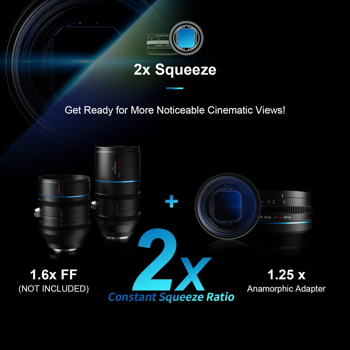 SIRUI 1.25x T2.9 Adaptador anamórfico con Enfoque único Frontal, Rosca Trasera de 82mm con Anillos (67mm, 72mm, 77mm, 92mm), Adaptador de Lente anamórfico Adicional para Lentes de Cine de la cámara