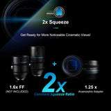 SIRUI 1.25x T2.9 Adaptador anamórfico con Enfoque único Frontal, Rosca Trasera de 82mm con Anillos (67mm, 72mm, 77mm, 92mm), Adaptador de Lente anamórfico Adicional para Lentes de Cine de la cámara