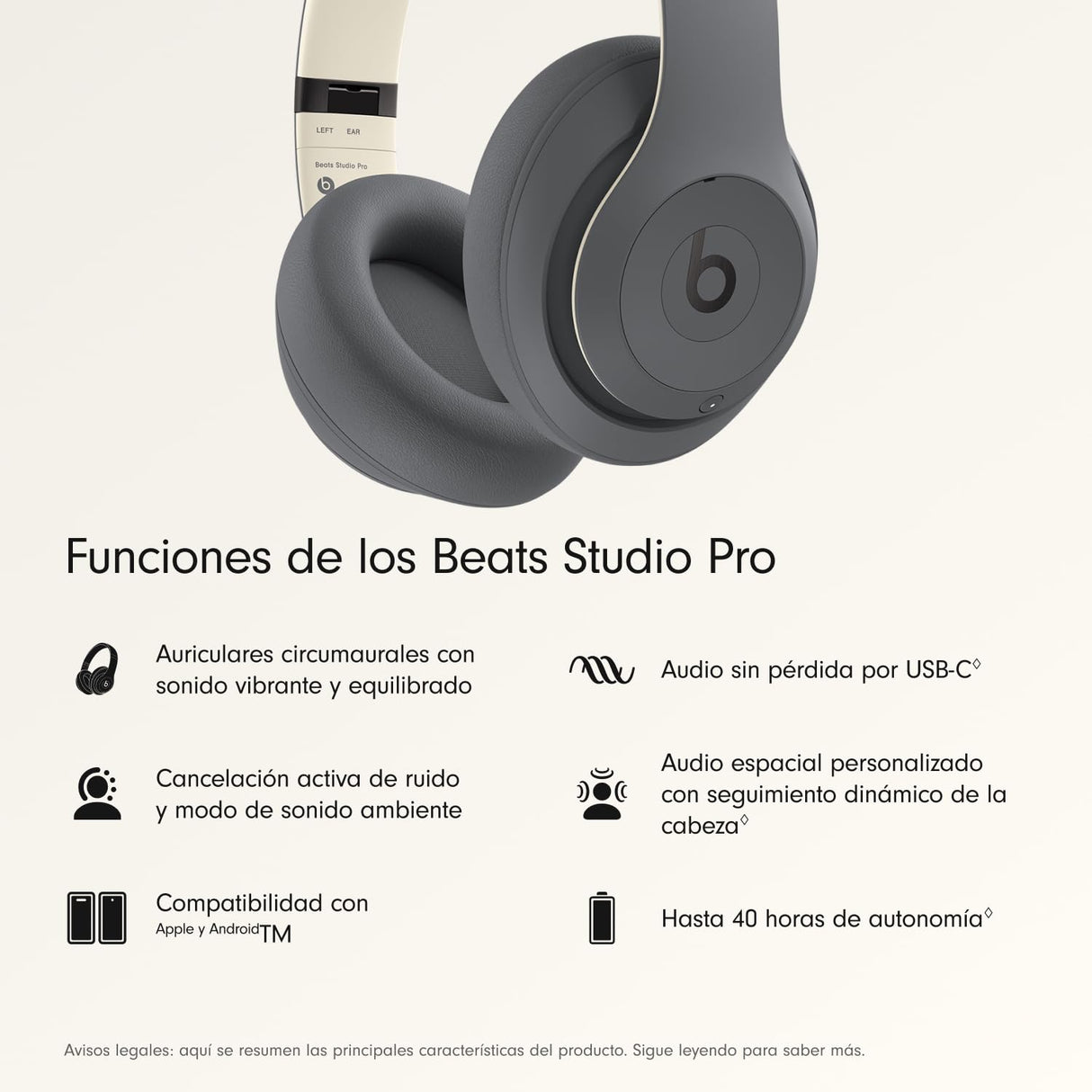Beats Studio Pro - Auriculares inalámbricos Bluetooth con cancelación de Ruido - Audio Espacial Personalizado, compatibilidad con Apple y Android - Gris Arena