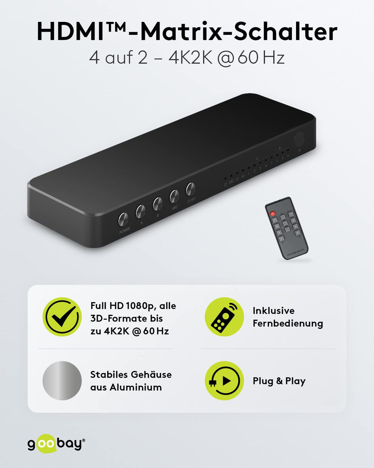 goobay 58479 HDMI Matrix Switch 4 a 2/Divisor Matrix Switch 4k @ 60 Hz/con mando a distancia para reproductor de Blu Ray, Xbox, PS5 y TV/conmutador de 4 entradas y 2 salidas,Schwarz