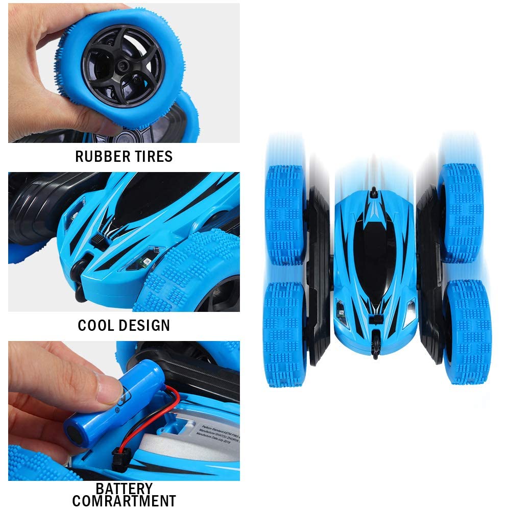 FunsLane RC Stunt Car con Control Remoto, 2.4 GHz RC Racing Trucks Off Road, 4WD Doble Cara 360 ° Giros y Volteretas RC Crawler Juguetes al Aire Libre para niños, Azul