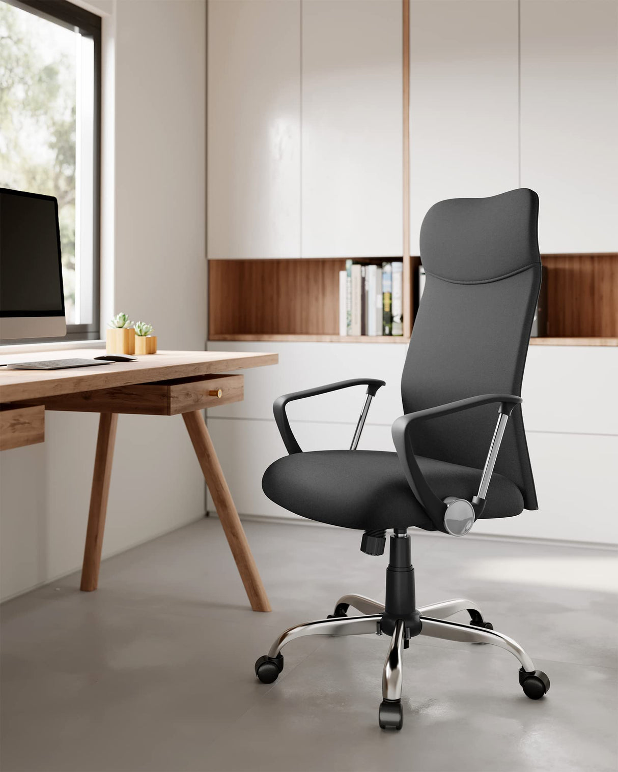 SONGMICS Silla de Oficina, Silla de Escritorio Ergonómica, Silla Giratoria, Asiento Tapizado, Ajustable en Altura e Inclinable, Carga de 120 kg, Negro Tinta OBN034B01