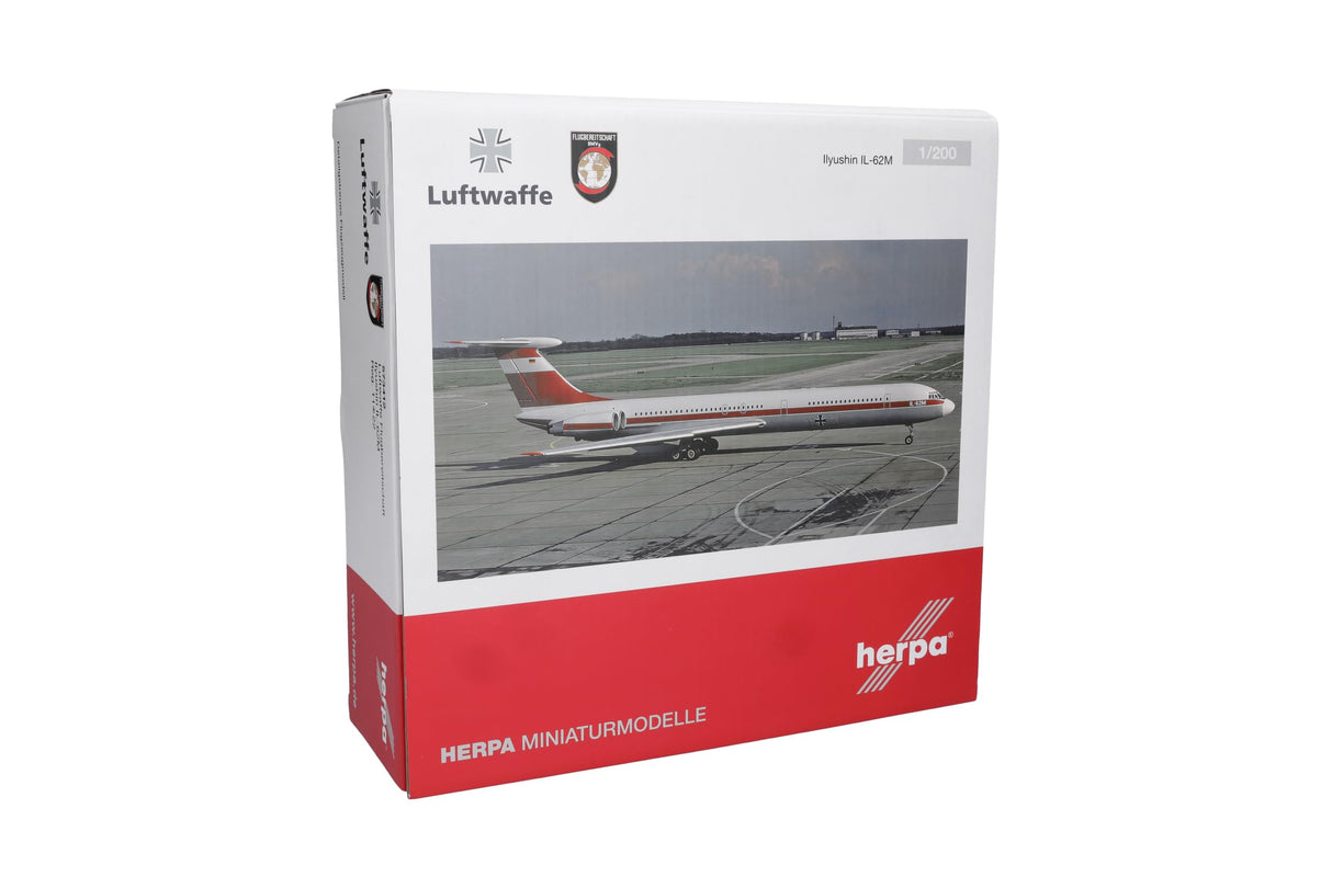herpa avión en Miniatura Luftwaffe Ilyushin IL-62M Unidad de Vuelo Oficial, Escala 1:200, artículo de colección, Modelo sin Base, Metal