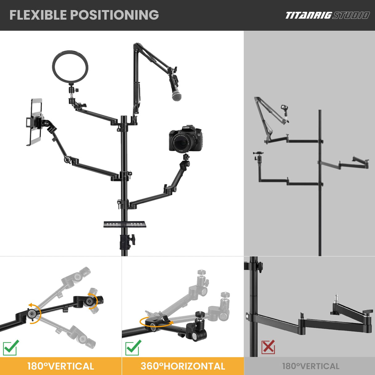 TARION Soporte Camara Mesa Brazo: Soporte para Camara de Escritorio Flexible Overhead Camera Mount Rig Fotografia con Brazo Articulado para Luz de Anillo Micrófono Video Titanrig(Conjunto de Pasillo)