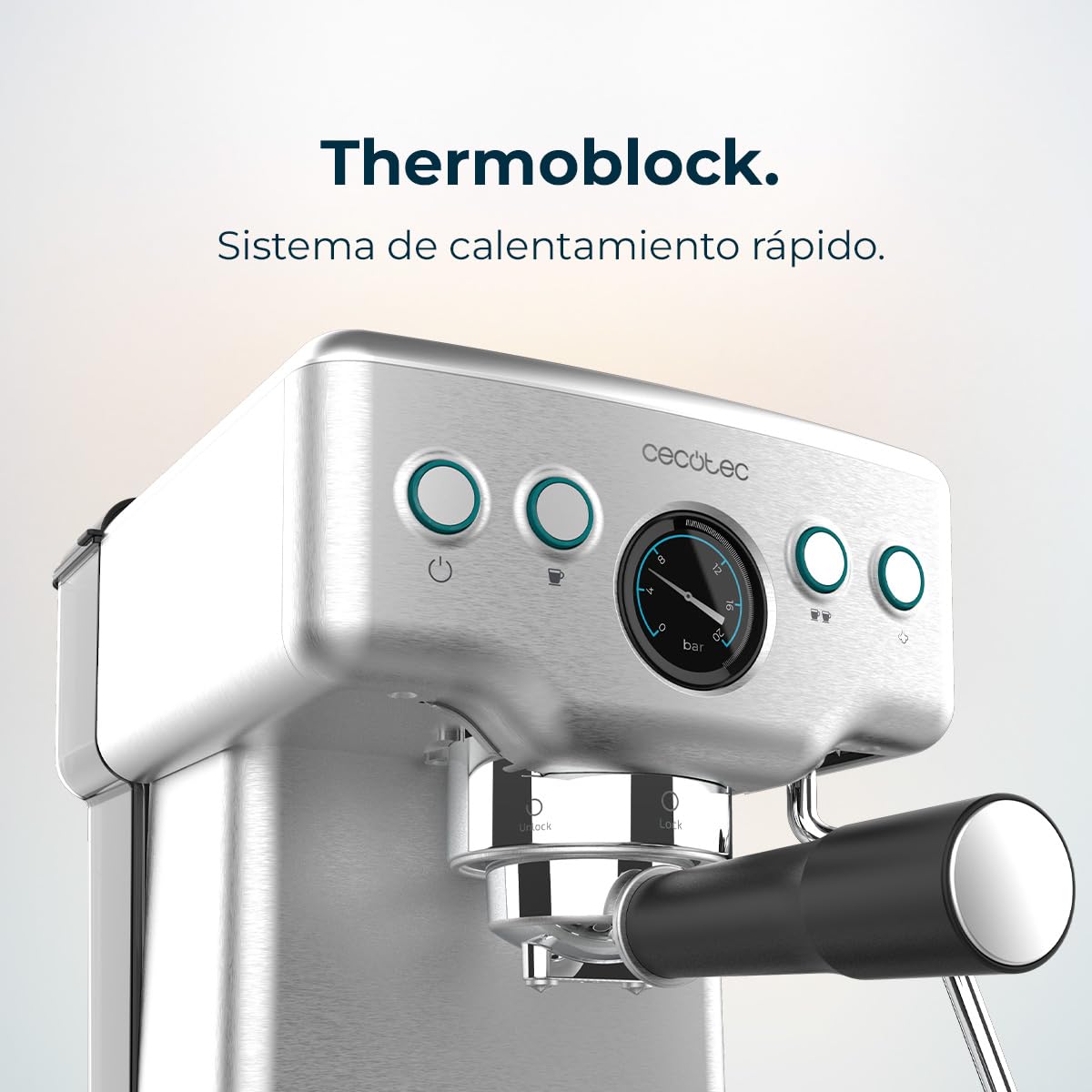 Cecotec Cafetera Express Barista Power Espresso 20 Barista Mini. 1465 W, 20 Bares, Manometro y ThermoblocK, Vaporizador Orientable y Brazo con Doble Salida, 1,8 L de Capacidad