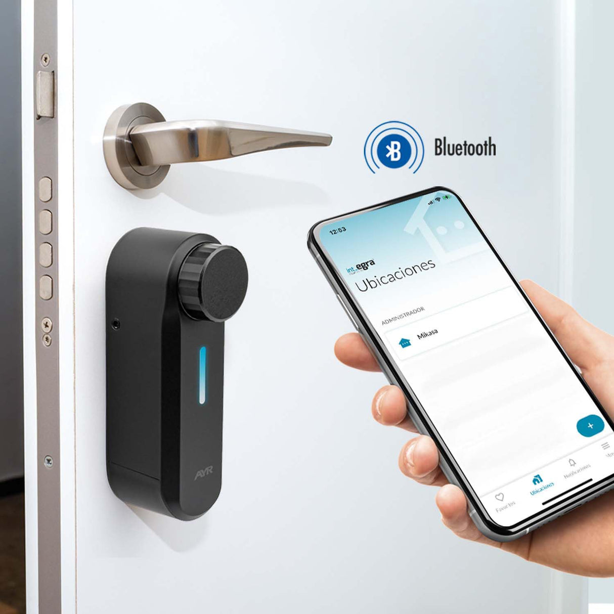 int_PASS de AYR, Smart Lock para puerta de entrada. Made in SPAIN. Acceso seguro y remoto sin llaves. Auto instalación. Cerradura electrónica acabado blanco mate.