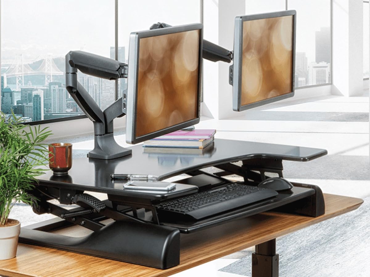 Monoprice 115525 Soporte de Escritorio Ajustable con Resorte de Gas para Monitor Dual (15 a 34 Pulgadas)
