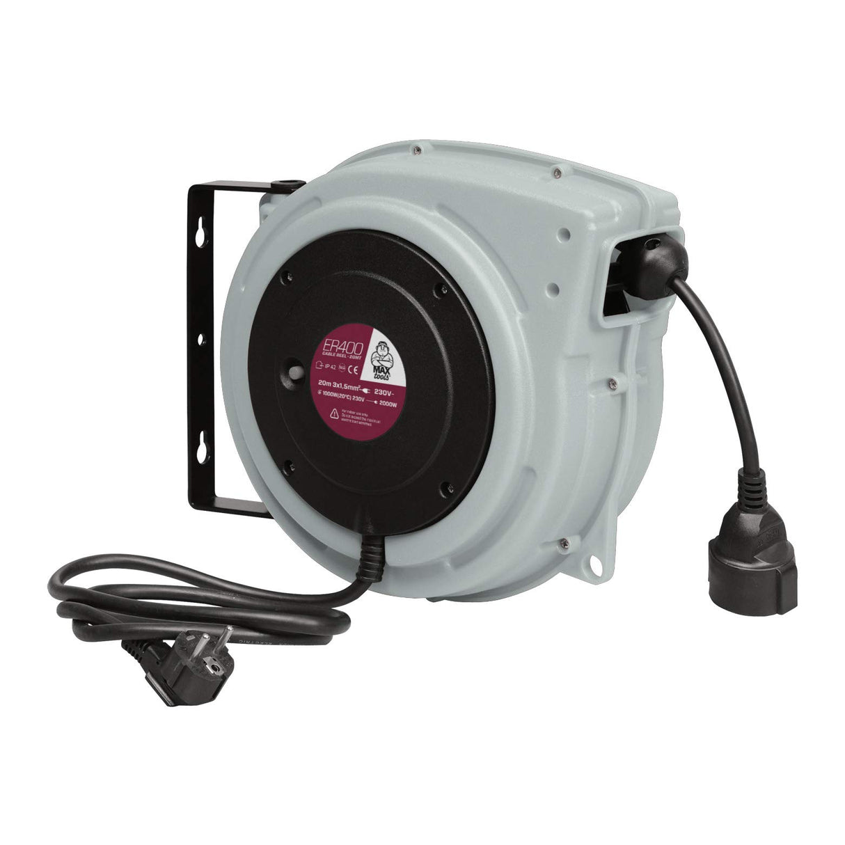 MAXTOOLS ER400 - Enrollacables profesional con cable eléctrico tripolar resistente al aceite H07RN-F, 1.5 mm2 de sección, 20 metros
