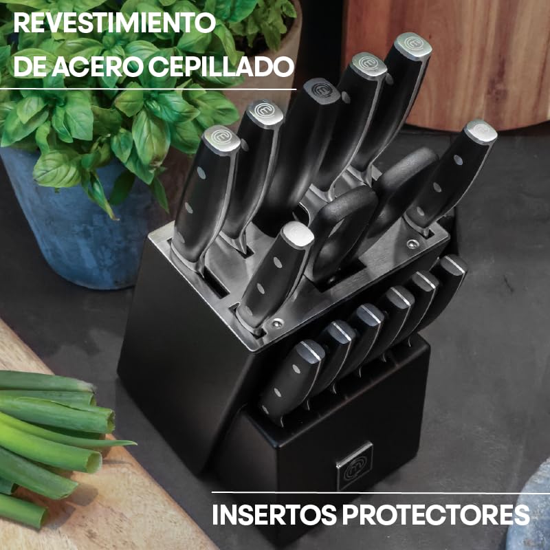 MasterChef Juego de Cuchillos de Cocina Profesional con Soporte, con Cuchillo Chef, Cebollero, Santoku, Pan, Chuleteros, Afilador y Tijeras, Acero Inox con Alto Carbono, Asas Triple Remache, 15 Piezas
