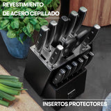 MasterChef Juego de Cuchillos de Cocina Profesional con Soporte, con Cuchillo Chef, Cebollero, Santoku, Pan, Chuleteros, Afilador y Tijeras, Acero Inox con Alto Carbono, Asas Triple Remache, 15 Piezas