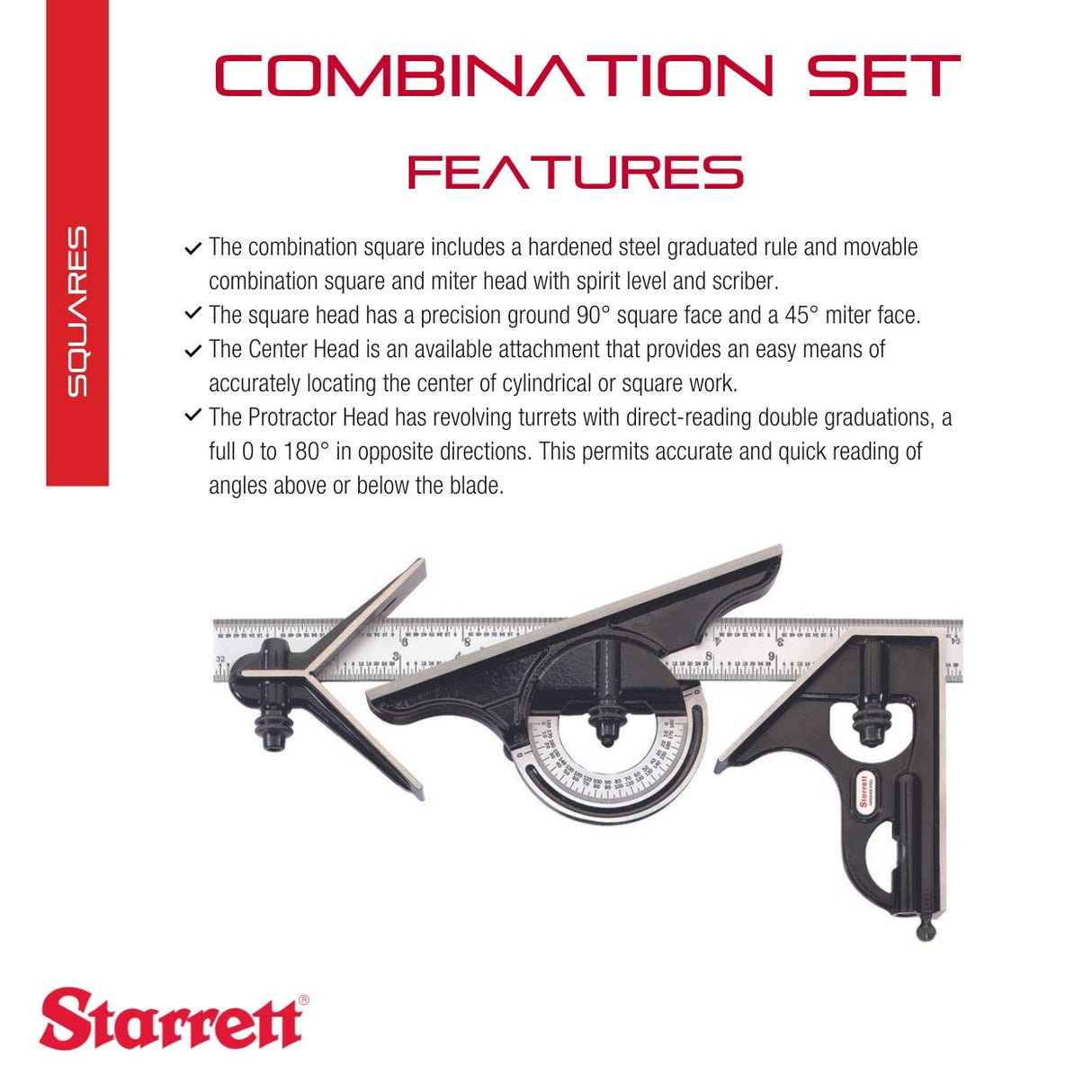 Starrett C434 – 12 – 4R combinación Set con cuadrado, centro y marcha atrás transportador
